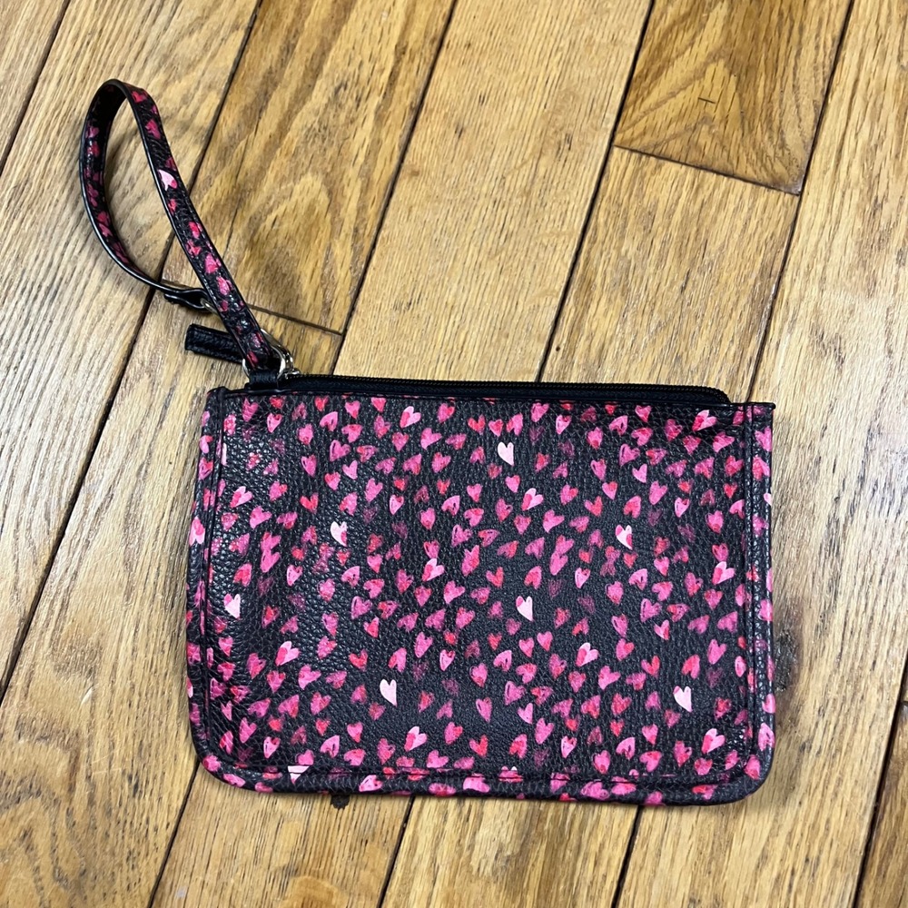 Nine West Black Pink Heart Print Wristlet Clutch Small Pouch Bag - Picture 2 of 3